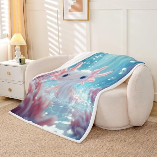 Homewish Farbverlauf Blau Wasserwellen Axolotl Fleecedecke 150X200 Karikatur Salamander Decke für Kinder Mädchen Jungen Jugendliche,Decken Rosa Koralle Grüne Algen Bunte Blasenmuster Kuscheldecke