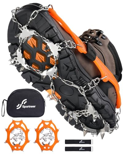 Sportneer Crampones para Nieve Deportivos 28 Dientes, Ajuste Universal para Hombre y Mujer, Tracción para Caminar, Trotar, Senderismo y Pasear Perros en Invierno