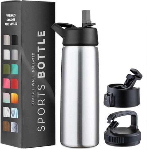 Triple Walled, Insulated Water Bottles with Straw Lid/Flip Top Lid/Wide Mouth Cap - Stainless Steel Metal Bottle for Travel, School, Sports, Gym (Brushed Stainless Steel, 750 ml)
