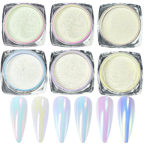 6PCS Chrome Nail Powder -Pearl Glossy, Iridescent & Mirror Effect - DIY Nail Art Accessory with Clear Ice Gloss and Metallic Pigments, High Gloss Multicolor Pearlescent Aurora Ice Glazed Donut Effect
