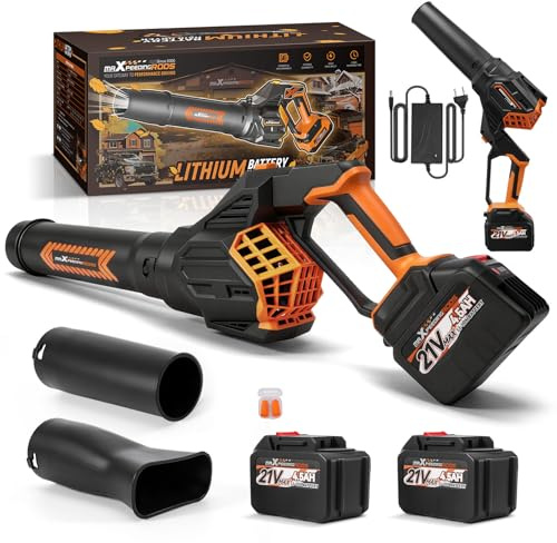 maXpeedingrods Soffiatori per foglie Senza Fili Elettrico, 21V 289km/h | con 2 batterie 4,5Ah, 3 velocità + turbo, 3 ugelli, motore brushless Soffiatore 180° per foglie auto, prato, terrazza, tetti