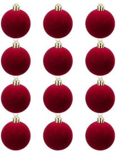 12Pcs Wine Red Velvet Christmas Balls Ornaments, 3/5/6/8cm Shatterproof Flocked Baubles for Xmas Tree Decorations, Holiday, Year Party Supplies(5cm)