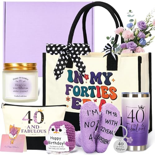 40th Birthday Gift Set for Women, 40 and Fabulous Gift Box for Christmas | Includes tote bag, tumbler, cosmetic bag, socks, keychain, crochet penguin, crown, card, ribbon and gift box