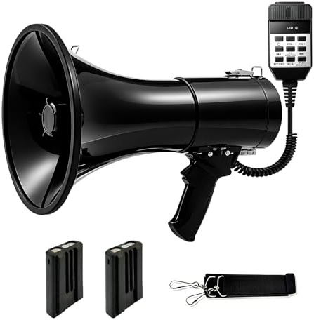 TECKZOON 100W Megafon, Megaphone mit Bluetooth & Aufnahmefunktion, Dreifache Stromversorgung inkl. 2 extra Akkus, 2000 m Reichweite, mit Sirene, Externem Handmikrofon, USB-Wiedergabe, Schultergurt