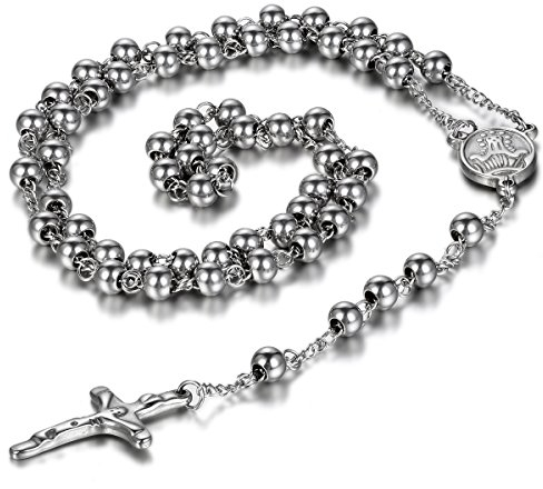 OIDEA Herren Damen Halskette mit Anhänger, Edelstahl Christus Jesus Kruzifix Kreuz Rosenkranz Kugelkette Kette Halskette, Silber