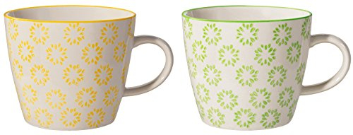 Bloomingville Tassen mit Henkel Isabella Retro Kaffeetasse Teetasse Vintage dickwandige ø 9,5 x H 8 cm, gelb grün, Keramik, 2er Set, fasst ca. 280 ml
