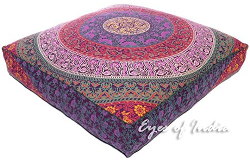 Eyes of India - 35 Rosa Blau Grün Quadratisch GroßÜbergröße Boden Meditation Kissenbezug Hocker Mandala Hippie Bunt Dekorative Böhmisch Akzent Indisch Boho Chic Hundebett Handgefertigt Abdeckung