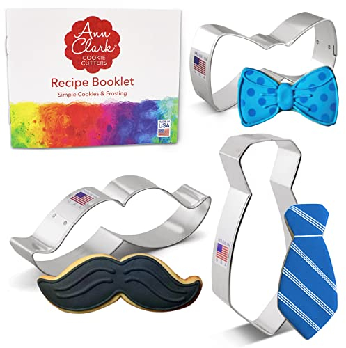 Ann Clark Cookie Cutters Juego de 3 cortadores de galletas hombrecito con libro de recetas, pajarita, bigote y corbata