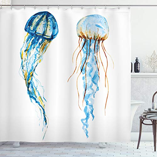 ABAKUHAUS Nautisch Duschvorhang, Quallen Exotische Meer, Stoffliches Gewebe Badezimmerdekorationsset mit Haken, 175 x 240 cm, Blau