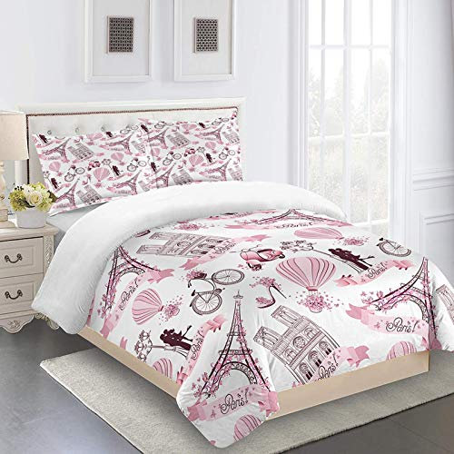 RQXRTR Housse De Couette 220X240cm Ado 3D Imprimé Thème De Paris Romantique Rose 3 Pièces Parure De Lit En Microfibre, Parure De Couette 2 Personnes Avec Fermeture Éclair Et 2 Taies D'Oreiller 65X65 c