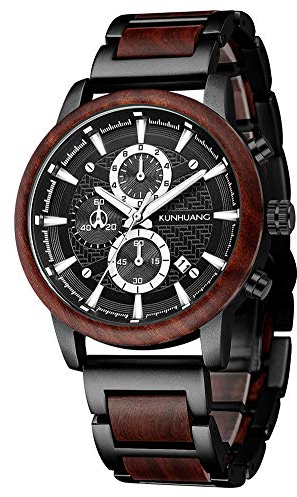 XIRUVE Holz Quarz Holzuhren Armbanduhr für Herren Datum Chronograph mit Geschenkbox (Rot)