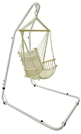 Hamac de jardin suspendu en coton blanc avec support en acier, fauteuil suspendu sur pied, confort et durabilité supérieure, parfait pour intérieur/extérieur, maison, chambre à coucher