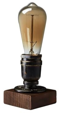JINYU Vintage Weathered Wood Table Lamp, Holzsockel Retro Industrial Steampunk Iron Pipe Desk Light für Bett, Schlafzimmer Wohnzimmer, Esszimmer, Cafe Bar, Studio, Flur, Home Decor, E27 220V, No Bulb