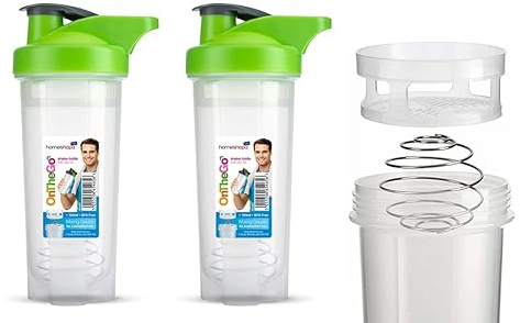 HOMESHOPA Powder Shaker Bottles, 700ml Protien Shaker Bottle with Mixer Ball for Supplement Shakes, Leakproof Screw On Lid & Secure Drinking Flap Cap, BPA Free Large Sport Gym Blender Bottle-Pack of 2