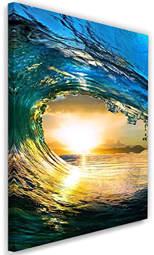 Feeby Vlies Leinwandbild Große Wellen Surfen Sonne Ozean 60x90 cm Druckbild Wandbild Wanddekoration Deko Wand Aesthetic Schwimmen Wasser Meer Orange