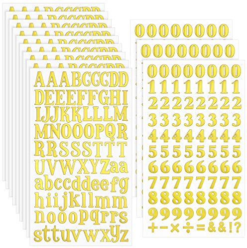 12 Blätter Selbstklebend Buchstaben Aufkleber Kleine Vinyl Alphabet und Zahlen Sticker Abschlusskappe Craft Scrapbooking Klebe Nummer Buchstaben Basteln für DIY Deko (Gold)