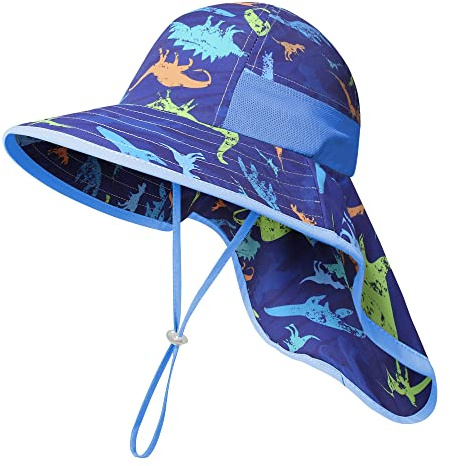 icolor Kids Sun Hat UPF50+ Sun Protection Bucket Hat Toddler UV Protection Summer Travel Beach Play Hats with Neck Flap for Girl Boy Ages 3~10 (Littledinosaur)