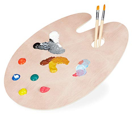 5 x Mischpalette Holz, Künstler, Acryl-, Aquarell- & Wasserfarben, mit Griffloch, BxT 40x30 cm, Malpalette, Natur