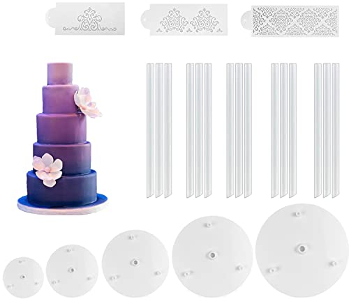 Soporte para Tartas, Soporte Tarta, 5 Base de Pastel + 3 Plantilla de Grabación en Relieve de Pastel con 15 Piezas de Varillas de Soporte Plástico para Tartas Adecuado para Bodas Fiestas