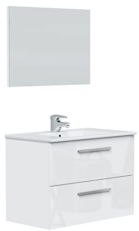 HOMN LIVING Mueble de Baño Axel con 2 cajones, Espejo y Lavabo cerámico, Acabado en Blanco Brillo, 80 cm (Ancho) x 45 cm (Fondo) x 57 cm (Alto)