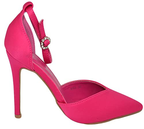 Scarpe Decollete Donna Elegante Punta Raso Fucsia Intenso Tacco 10 Spillo Comodo Moda Cinturino Caviglia Cerimonia (37 EU)