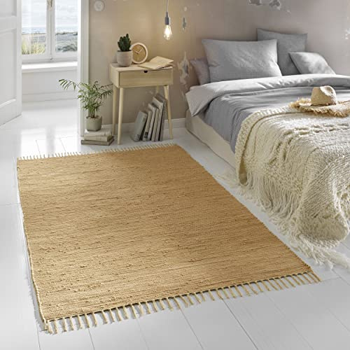 TacaHome Flicken-Teppich 100% Baumwolle I Waschbarer Fleckerl mit Fransen I Esszimmer Küche Badezimmer Wohnzimmer Kinderzimmer | 160 x 230 cm Beige