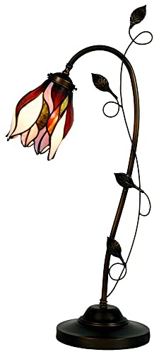 HAES DECO - Schreibtischlampe Bankerlampe Tiffany 34x24x72 cm Beige Braun Glas Tulpen Tischlampe Buntglas