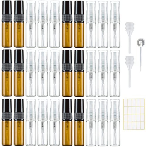 30 Stück 3ml Parfümzerstäuber Leer Sprühflasche Glas Klein zum Befüllen, Mini Pump Taschen ParfumFlakon Nachfüllbar Parfümproben für Reise Transparentes Bernstein mit Pipetten Presskopf
