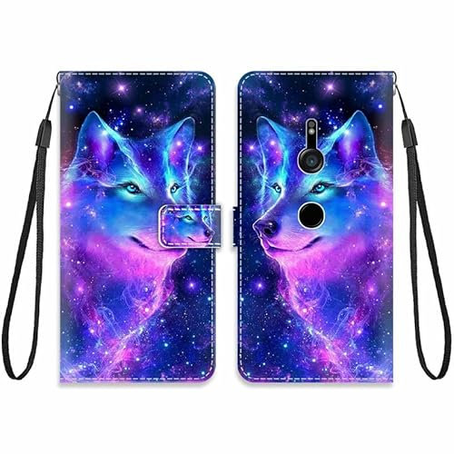 KARTXITAI Hülle Kompatibel mit Sony Xperia XZ3,Leder Handyhülle mit Kartenfach Geld Slot Ständer PU Ledertasche Wallet Flip Magnetische Muster Schutzhülle-Wolf,bunt