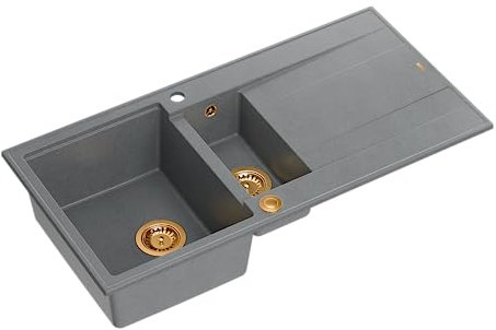 QUADRON Evier en granit | Taille 50 x 100 x 21/16 cm, Couleur: Gris + Cuivre Pvd | EVAN 156 Evier de cuisine double évier | Evier de cuisine double évier avec égouttoir | avec trou pour robinet