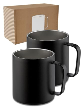 Lambda Coffee® Tazas de acero inoxidable 2 x 360 ml con asa, taza de café de doble pared aislada, juego de tazas para camping y exteriores, taza térmica de café, color negro