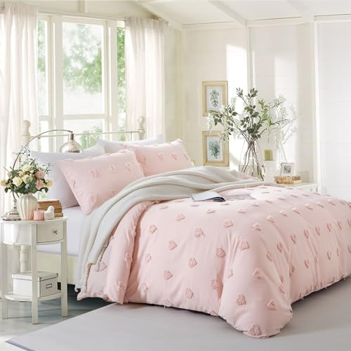 Freyamy Romantisch 200x220 3teilig Rosa Einfarbig Bettwäsche Stickerei Handwerk Bohemian Weich Warm Bettwäsche-sets Gewaschene Mikrofaser Bettbezug mit Reißverschluss + 2 Kissenbezüge 80x80