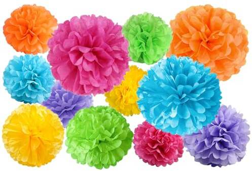 12 Pcs Paper Pom Poms Kit, Tissue Paper Flowers for Birthday, Party, Fiesta, Classroom, Playroom Festive Decorations (Multicolor, Assorted Sizes)