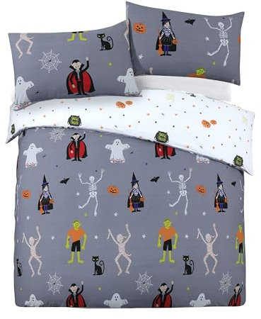 Halloween Spooky Friends Single Duvet Cover Set Reversible Polycotton Bedding Grey (GREY, SINGLE)