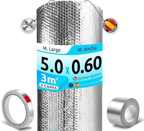 AISLANTE TERMICO MULTIUSOS PREMIUM | Reduce el Frio y el Calor |100% ALUMINIO|Aislante Termico para Ventana, Pared, Suelo, Techo, Coche, Garaje [ 0.6 X 5m ] (3m²) + 2 cintas adhesivas