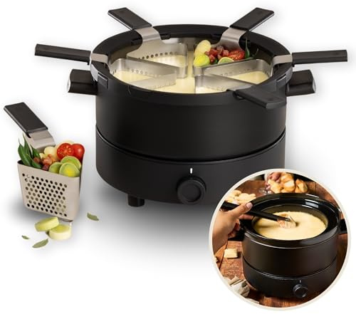 Fondussimo - Evolution Mini 6P Fondue-Set, Elektrischer Fonduetopf für 6 Personen, kompakter 2-Liter-Edelstahlkessel, 6 perforierte Fonduekörbchen, stufenlos einstellbare Temperaturregelung