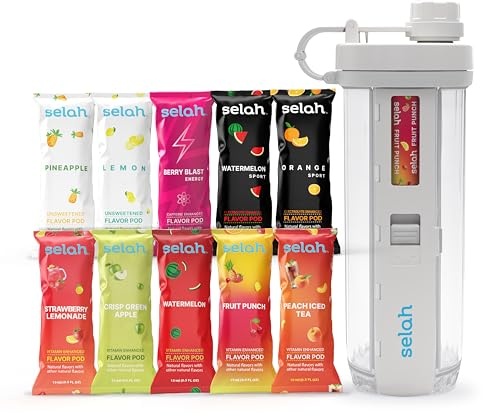 Selah Wasserflasche mit Geschmacksverstärker, zuckerfrei, mit Vitaminen angereichertes Wasser, 590 ml Wasserflasche mit Geschmackskapseln im Lieferumfang enthalten, Energy Drink, Erdbeere und