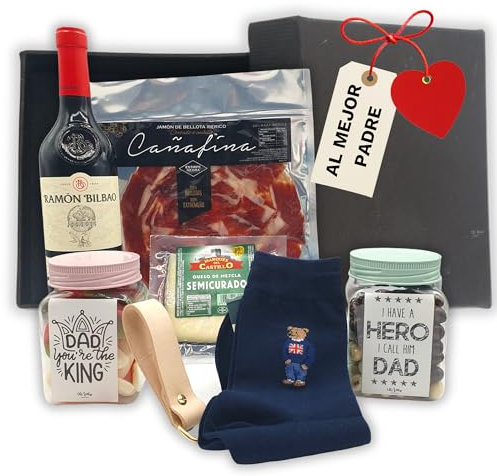 Pack Regalos Originales para Dia del Padre | Incluye Vino Ramon Bilbao + Jamon Iberico Bellota + Queso + Llavero Cuero + Calcetines | Perfectos Regalos del Dia del Padre