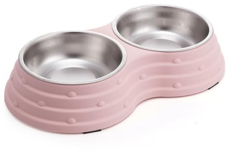 Double Dog Pet Bowls Double Dog Water and Food Bowls Stainless Steel Bowls with Non-Slip Mats for Puppy Small Dogs Cats and Pet etc (Pink, Medium)