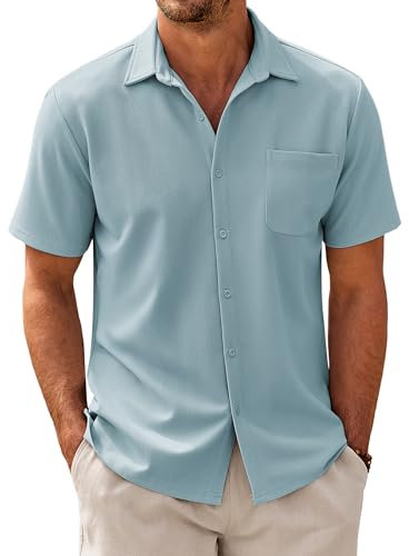 COOFANDY Chemise à manches courtes pour homme avec poche texturée décontractée - Coupe droite - Motif chevrons - Chemise d'été élastique, Bleu peu profond, S