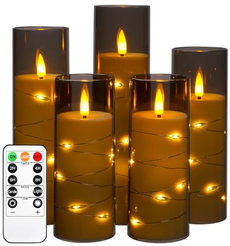 Da by LED Kerzen mit Eingelassener Lichterkette,Batteriebetriebene Kerzen mit Fernbedienung und 24 Stunde Timer,Flackernde Led Kerzen Für Weihnachtsdekoration Heimdekoration(Grau, 5er-Set)