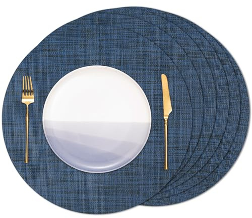 Banchif Platzsets abwaschbar Tischsets abwaschbar Rund 38 cm Platzdeckchen | Platzsets abwaschbar 6er Set Platzdeckchen PVC Rund rutschfest Tischsets abwischbar gewebte Vinyl (Dunkelblau)