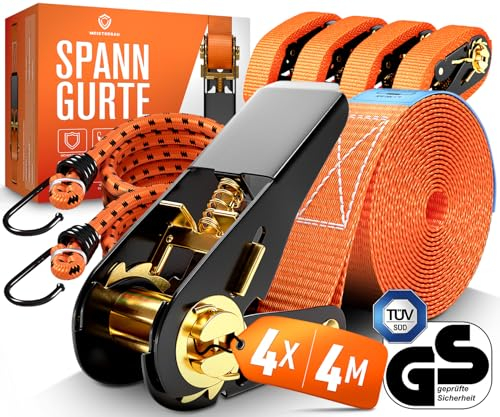 MEISTERBAU - [TÜV geprüft] Spanngurte mit Ratsche [+ 2 Spanngummis] - 1000kg Kapazität - 4m lang und 2,5cm breit 4 Stück - zertifizierte Ratschengurte - Stabile & Wetterfeste Zurrgurte mit Ratsche