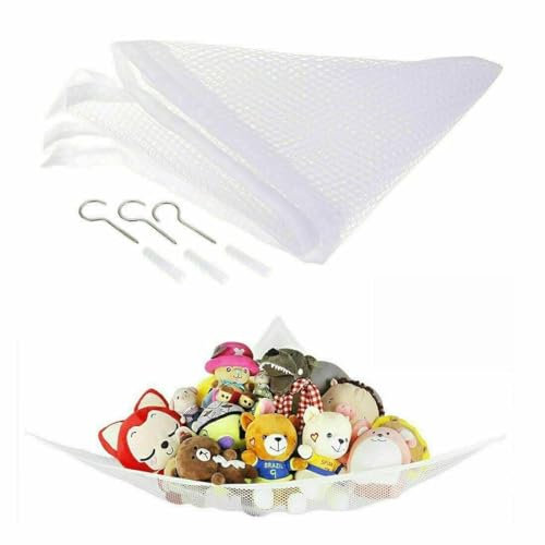 ATEK Teddy Hammock with Hooks - Large Mesh Net for Stuffed Animal Storage, Wall Sling Organizer for Kids' Bedroom, Playroom, Nursery, and Bathroom - Soft Toy Storage Solution (WHITE)