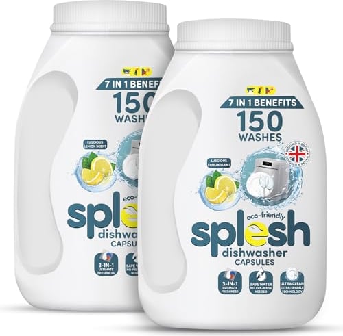 Splesh 3 in 1 Ultimate Freshness Dishwasher Tablets, Lemon Scent Ultra Clean No Pre Rinse Needed Dishwashing Capsules, Extra Sparkle Tough on Stain and Grease Washing Up Tablet, 2x150W