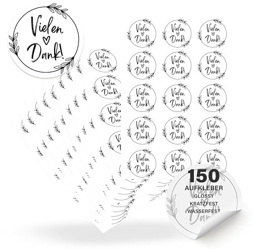 ECCK Danke Aufkleber rund “Vielen Dank” (150 Stück) - Dankeschön Sticker für Hochzeit, Geburtstag, Konfirmation, Kommunion, Muttertag, Lehrerin, Erzieherin - Deko für Karten, Geschenke, Mitgebsel