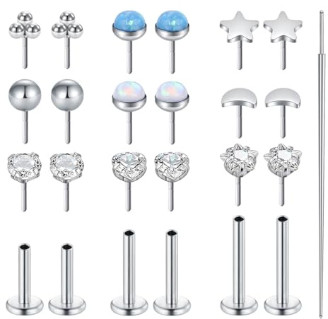 AVYRING Threadless Flat Back Earrings for Women, 20G 18G 16G Surgical Steel Push in Nose Studs with Opal, Star, Moon, Heart CZ Labret Tragus Cartilage Conch Helix Piercing Jewellery, 6mm 8mm 10mm