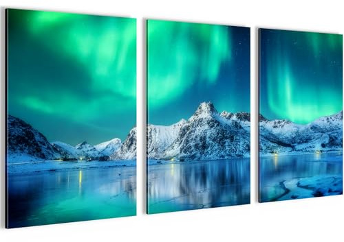 Novart Bilder Set Polarlicht Nachthimmel - Kein Extra Rahmen benötigt - Wandbilder für Wohnzimmer Schlafzimmer Flur - 3 Teilig Deko Grün Blau - N034836b