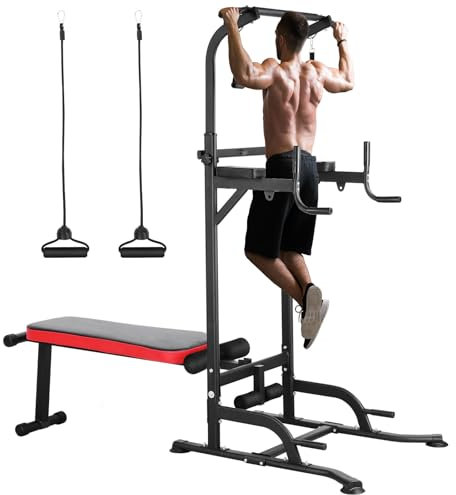 Dip Station Power Tower, Multifunktionale Kraftturm mit klappbarem Hantelbank, Klimmzugstange für Krafttrainingsgeräte für Heim-Fitnessstudio, inkl. Trainingsbänder, Ladekapazität bis zu 200KG