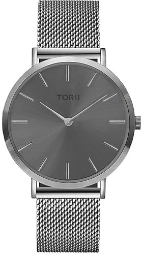 TORII Damenuhr Grau Edelstahl - rund Quarz S38SM.AS Milanaise-Armband Strichindizes wasserdicht 50 m